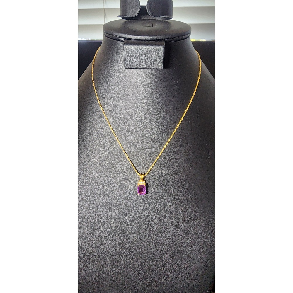 Gold Tone Emerald Cut Purple Stone Pendant Necklace Twisted Rope Chain 18 Inch